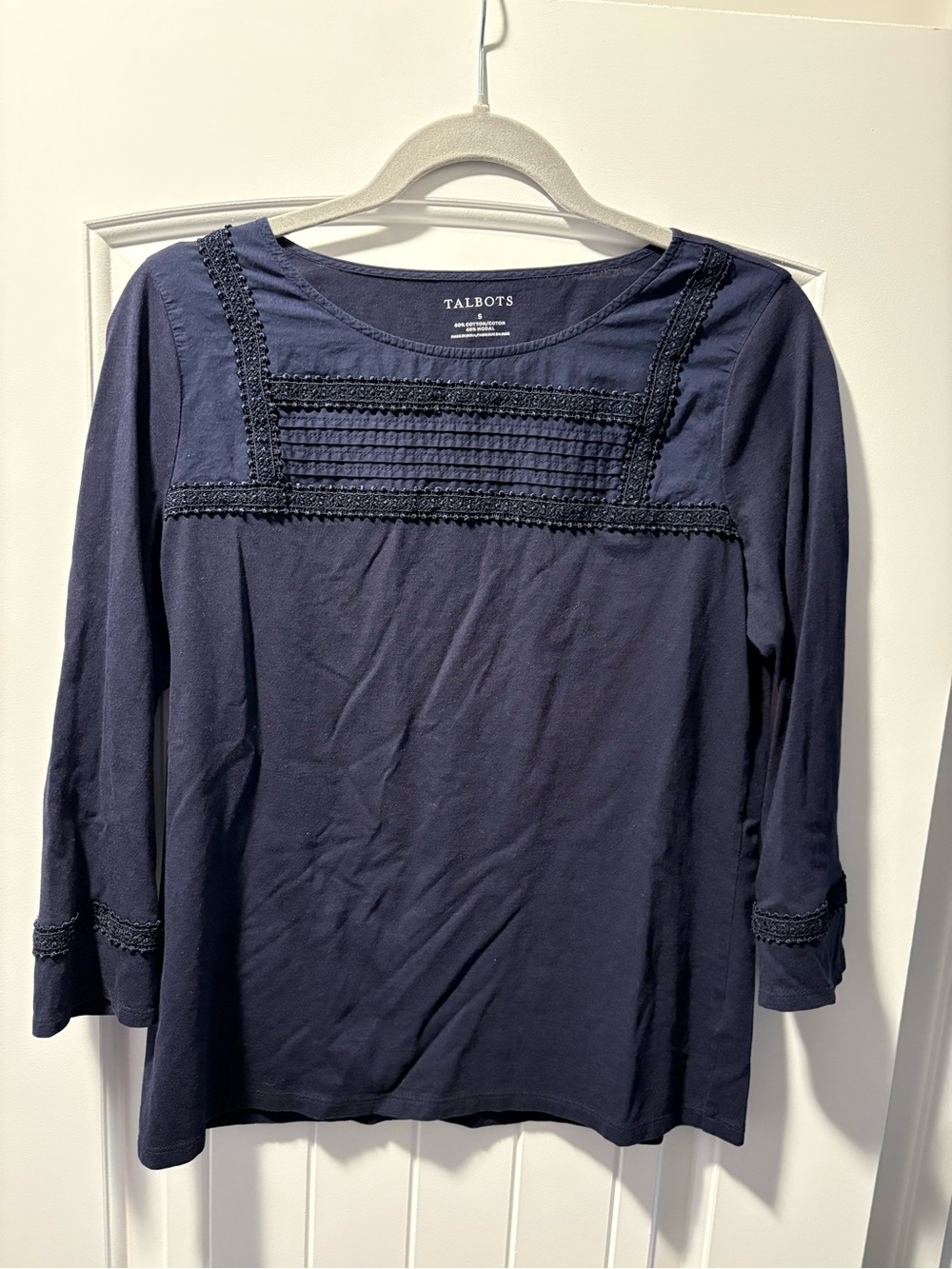 Women's Talbots Navy 3/4 Length Sleeve Decorative Lace Yoke Top Size Small Boho